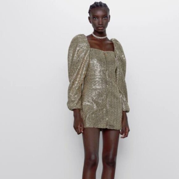 NWT Zara gold sequin zip up bubble sleeve mini holiday dress, XS - Picture 3 of 6